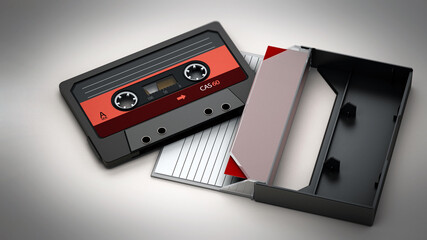 Vintage audio cassette and cassette case isolated on white background. 3D illustration - obrazy, fototapety, plakaty
