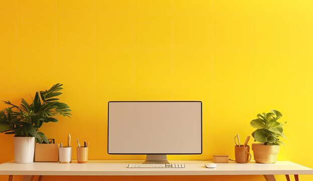 the blank screen behind a yellow wall