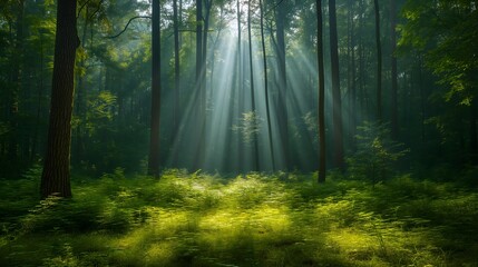 Radiant sunlight transforms a green forest into a captivating wonder.