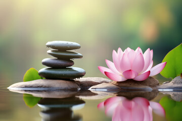 Naklejka na ściany i meble Pink water lily lotus flower with stones in water, bokeh background with copyspace. Concept spa relax, Buddha birthday.