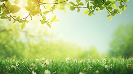 Obraz na płótnie Canvas Spring Awakening: Fresh Green Leaves and Blossoms with Radiant Bokeh Light Background