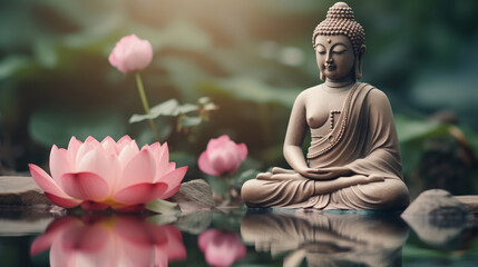 Concept statue Buddha with water lily or lotus flower. Vesak day birthday banner, Buddhist lent.
