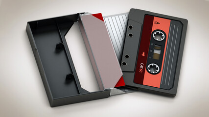 Vintage audio cassette and cassette case isolated on white background. 3D illustration