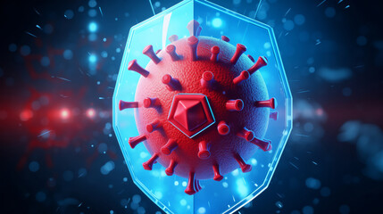 Concept healthcare protection, immune shield destroying virus, neon blue color. - obrazy, fototapety, plakaty