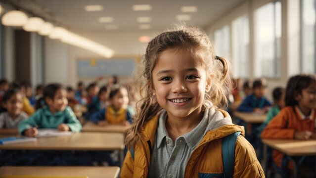 Close-up high-resolution image of a bright student in a modern classroom with friends.