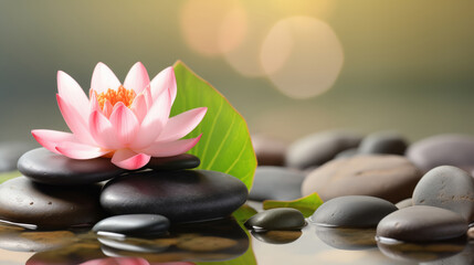 Obraz na płótnie Canvas Pink water lily lotus flower with stones in water, bokeh background with copyspace. Concept spa relax, Buddha birthday.