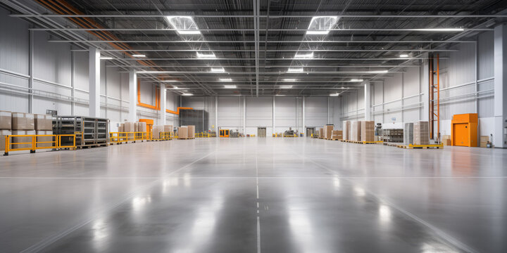 Panorama Spacious, welllit warehouse interior featuring rows of packed pallets.