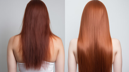 Red hair before and after treatment, sick, cut and healthy hair.