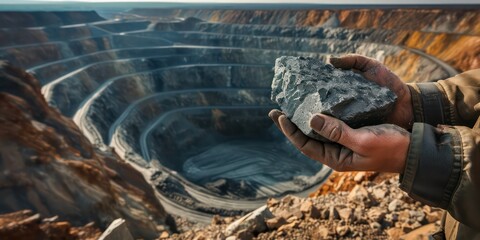 Worker holds a piece of iron in his hands, set against the backdrop of an expansive open pit mine. - obrazy, fototapety, plakaty