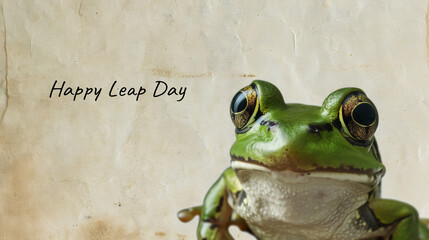 Leap day, 29 February 2024 greeting card with Green Frog and Happy Leap Day text. Leap year, one extra day. - obrazy, fototapety, plakaty