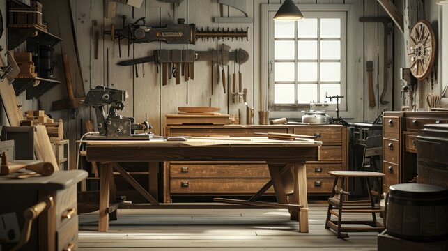 Background image of carpenter workstation, carpenter work table with different tools, wood cutting, a jigsaw, a cipher machine, and a chair made in a carpentry workshop. Carpenter worker concept.