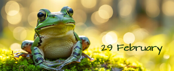 Leap day, one extra day, Leap year 29 February 2024 background. Green Frog and 29 February text on green background.