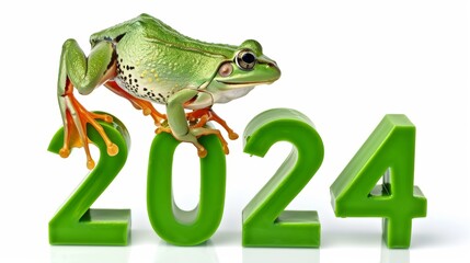 Leap day, one extra day, Leap year 29 February 2024 background. Green Frog and year 2024 text on green background.