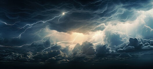 A brooding abstract background dominated by dark storm clouds, rain, and thunder. - obrazy, fototapety, plakaty