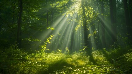 Fototapeta na wymiar Enchanting woodland captured with radiant sunbeams and vibrant greenery.