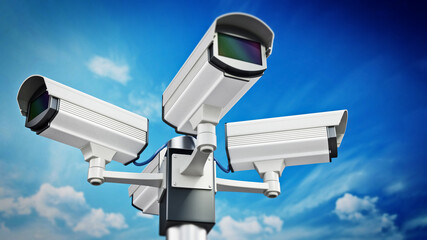 Security cameras on the pole on blue sky background. 3D illustration