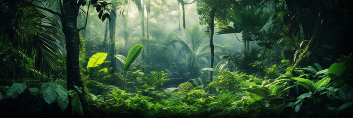Background Deep forest tropical jungles of Southeast Asia with fog. Mystical amazon banner fantasy backdrop, Realistic nature rainforest