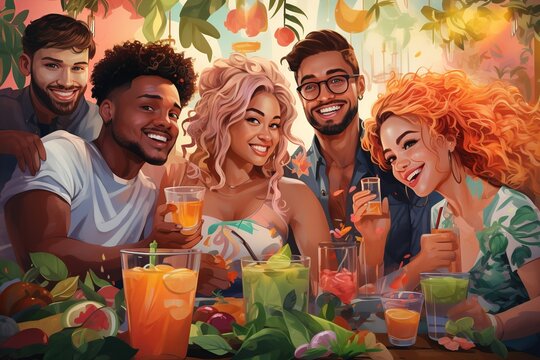 This captivating illustration depicts a group of multiracial friends gathered for a summer party, fully immersed in a joyful atmosphere