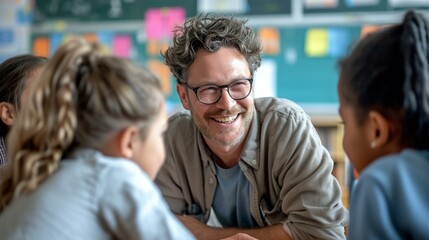 A candid moment of a teacher facilitating a lively classroom discussion, encouraging students to share their thoughts and opinions, [teacher] - obrazy, fototapety, plakaty