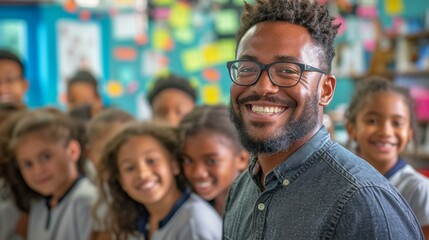 The camaraderie between a teacher and students captured in a joyful photo, highlighting the positive and supportive atmosphere within the classroom, [teacher] - obrazy, fototapety, plakaty