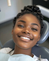 Confident African American Female with Radiant Smile Seated in Dentist Chair, Exemplary Dental Health, Modern Clinic Environment