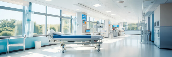 Airy hospital ward with two empty beds, large windows, and medical equipment, banner interior. - obrazy, fototapety, plakaty