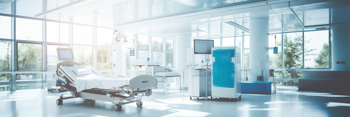 Panorama Bright hospital room with bed and advanced medical equipment, large windows with sunlight.