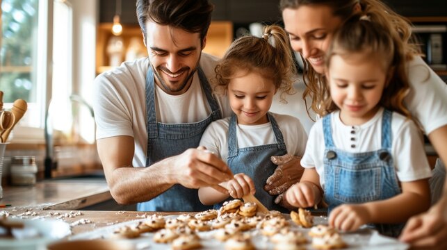 Parents and kids baking cookies together in a modern, sunlit kitchen, [strong happy family with children having a good time in their modern home]