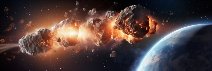 Panorama Giant meteor on collision course with Earth, depicting catastrophic space event.