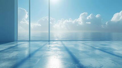 Expansive Ocean View from Modern Room with Open Space for Text or Logo, Perfect for Spring Themes
