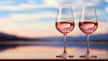 Two glasses of pink wine on the background of the lake and the sky. Copy space.