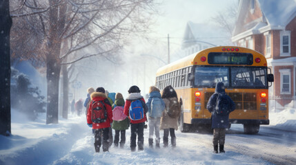 Children in Canada eagerly anticipate the arrival of the school bus on a snowy morning