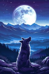Vector illustration of a howling wolf standing on the hill with a panoramic view of mountains, forest and beautiful sunset.