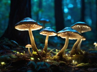 mushroom in the forest,A forest floor covered with bioluminescent mushrooms, casting an enchanting glow in the dark.
