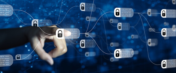 Businessman hand on Modern technology and digital layer effect as business strategy. Blockchain...