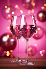 Two glasses of wine on pink background with balloons.