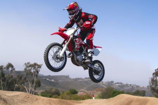 Motocross dirt bike rider jumping over a hill