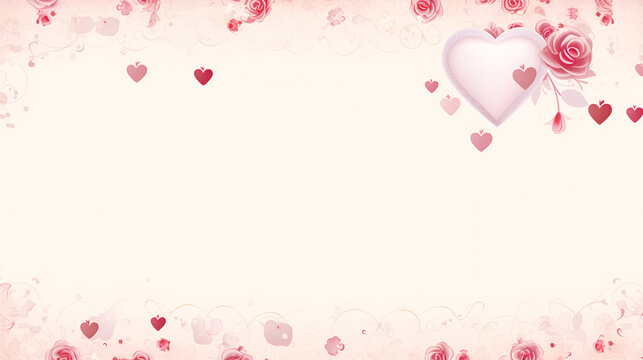 Valentine's day background with hearts and rose flowers. Beautiful floral frame with free space.