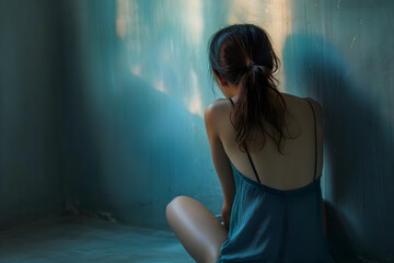 Girl Sitting in a Blue Room with Sadness
