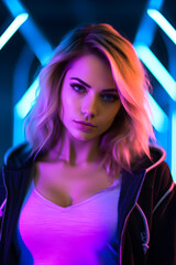 Fototapeta na wymiar portrait of a cute blonde young woman in neon light