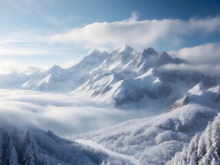 Fototapeta na wymiar Winter landscape: scenery of snow covered mountains, aerial view