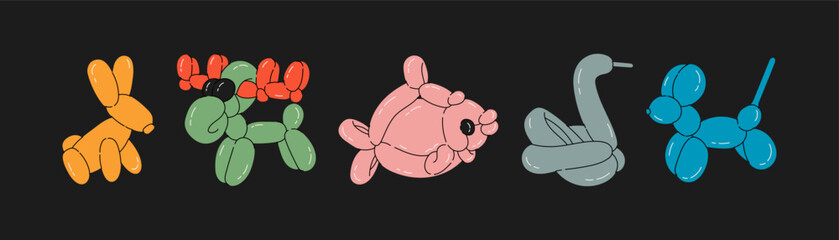 Set of balloon animals, rabbit, elk, fish, swan, dog. Birthday celebration party. Fancy abstract characters isolated vector. Colorful drawing of inflatable toys made of twisted balloons