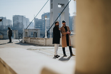 Stylish businessmen engage in conversation on a bridge with urban backdrop. The sunshine accentuates the professional and modern atmosphere.