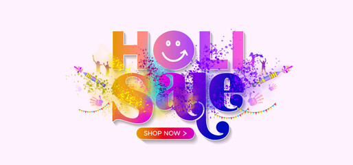 Holi shopping, sale, offer deal discount banner design with colorful color splash background. Holi festival website digital banner design.