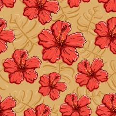 Foto op Canvas Hand drawn hibiscus flower in seamless pattern vector illustration © padmasanjaya