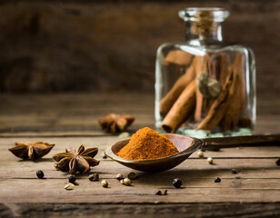 spices in spoon on wooden table with an old glass bottle