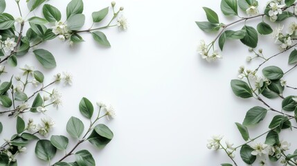 Fototapeta premium Minimalist Green Plant Leaves with Shadow Play on White Background, Open Space for Text or Logo