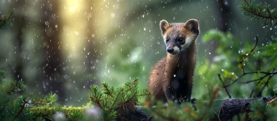 Enchanting Pine Marten on a Rainy Day: A Delightful Encounter Amidst the Serene Pine Forest