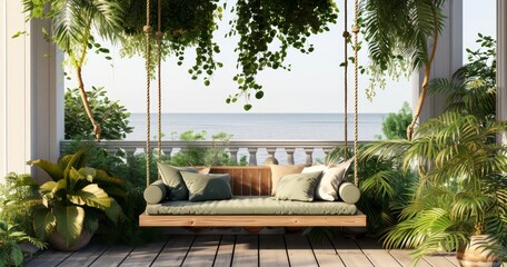A Homely Wooden Swing Complete with Green Pillows for a Relaxing Summer in the Garden
