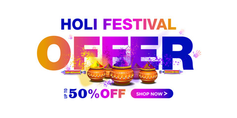 Holi sale and shopping web banner background. 50% off offer deal discount advertisement design. color pot and colorful color splash.
